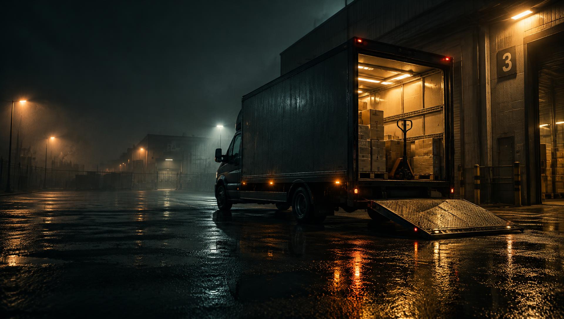 MoveBros van with tail-lift lowered at a loading bay at night